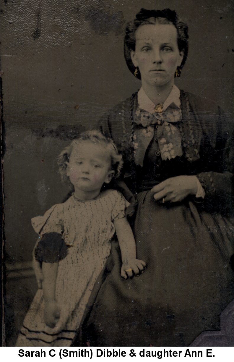 Sarah C (Smith) Dibble & daughter Ann E.; slightly corroded tintype photo of a young woman, seated, with hair parted in the middle and pulled back in a bun topped with a black ribbon, wearing earrings and a dark dress with a broad flowered-ribbon bow at the neck. To her right stands a girl, leaning against her, about 3 years old, with short, light-colored curly hair and sad eyes, gazing solemnly at the camera, wearing a white dress patterned with vertical rows of dark dots